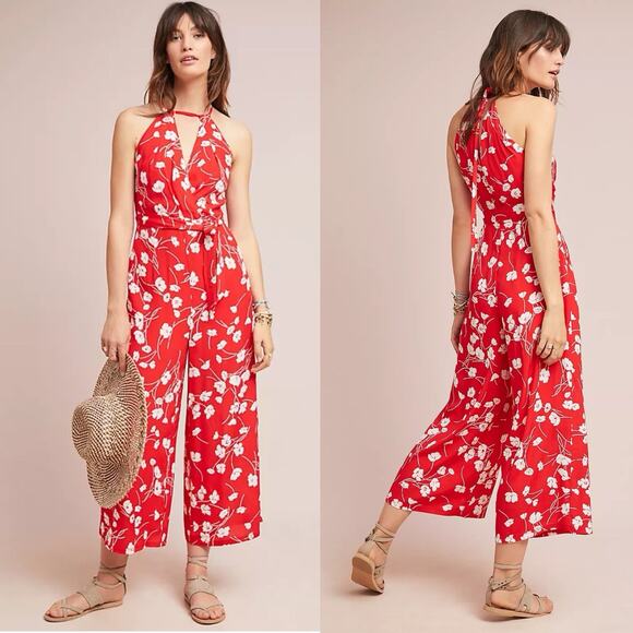 Anthropologie Maeve Andros Jumpsuit Red Poppy Printed  Sz 6 summer boho chic - Picture 1 of 8